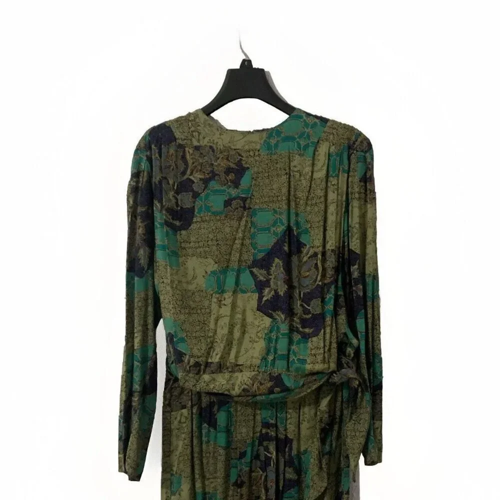 Vintage Bonnie Boynton Green Purple 3Piece Skirt Suit Floral Print Tunic Tie 80s